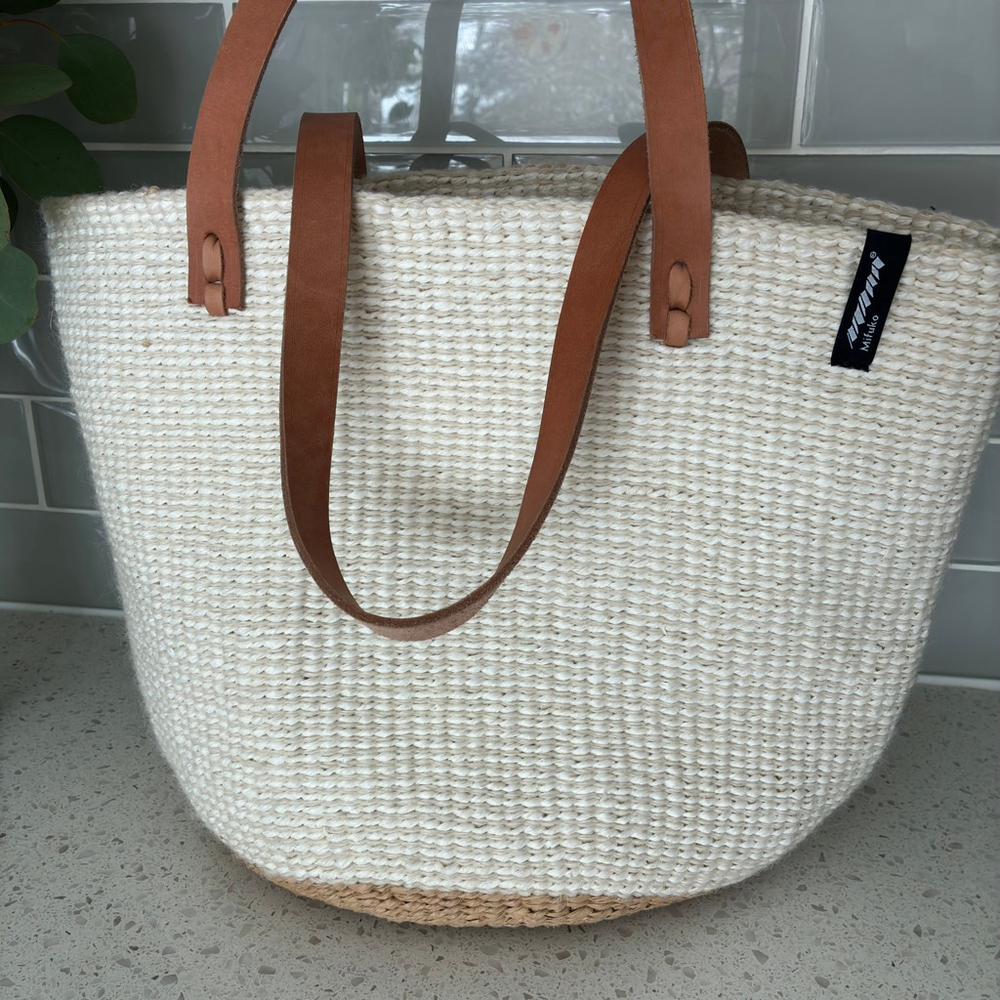 Mifuko Handwoven Basket Tote Leather Handles Fair Trade Market Bag Boho - Picture 4 of 7